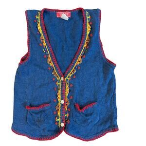 Ivy Wear Vtg Beaded Vest Blue Red Trim Silk Cotton Blend Boho Folk Style Women S